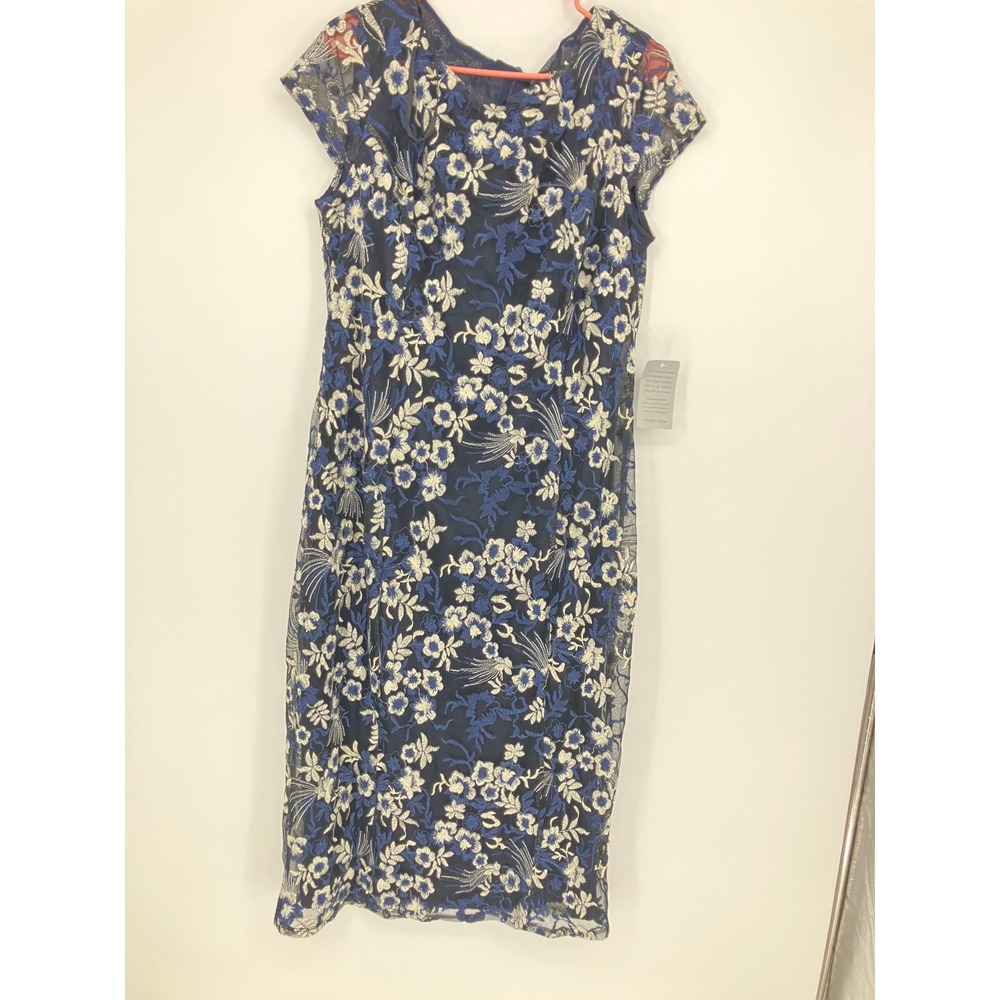Marina Women Navy Blue Floral Embroidered Mesh Sheath Dress Size L NWT